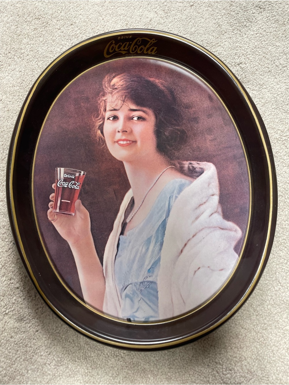 Coca-Cola Oval Tray with Woman in Pastel Blue and Brown
